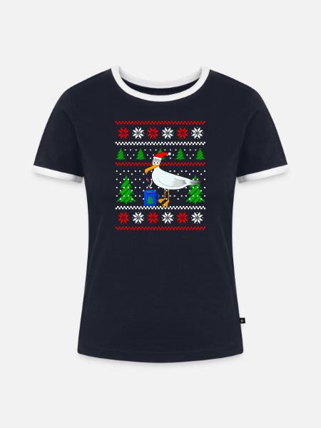 WeihnachtsMöve - Frauen Kontrast-T-Shirt - Navy/Weiß