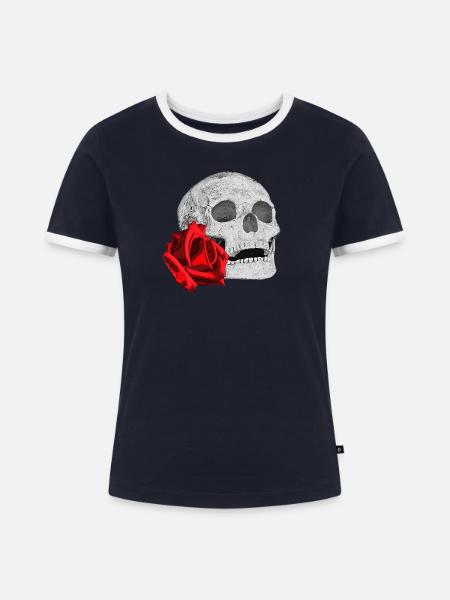 Schädel mit roter Rose - Frauen Kontrast-T-Shirt - Navy/Weiß 