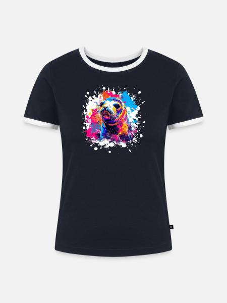 Farbexplosion Seehund Popart - Frauen Kontrast-T-Shirt - Navy/Weiß 