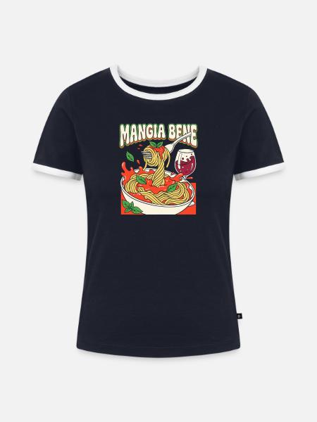 Mangia Bene Pasta Illustration - Frauen Kontrast-T-Shirt - Navy/Weiß