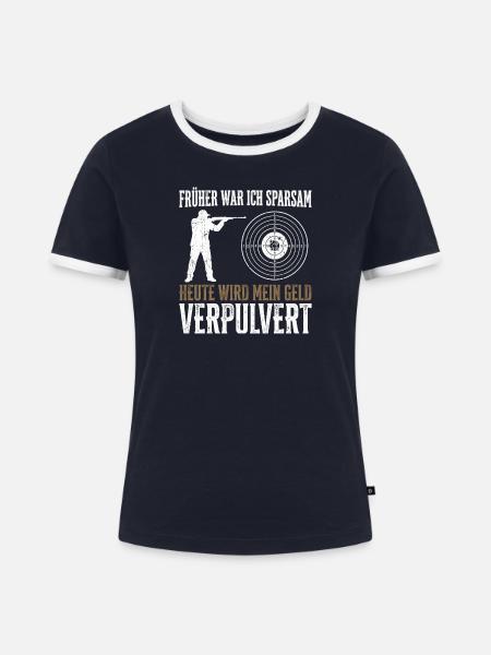 Früher sparsam, heute verpulvert - Frauen Kontrast-T-Shirt - Navy/Weiß 