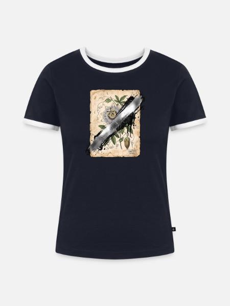 Botanische Illustration mit Vandal Übermalung - Frauen Kontrast-T-Shirt - Navy/Weiß