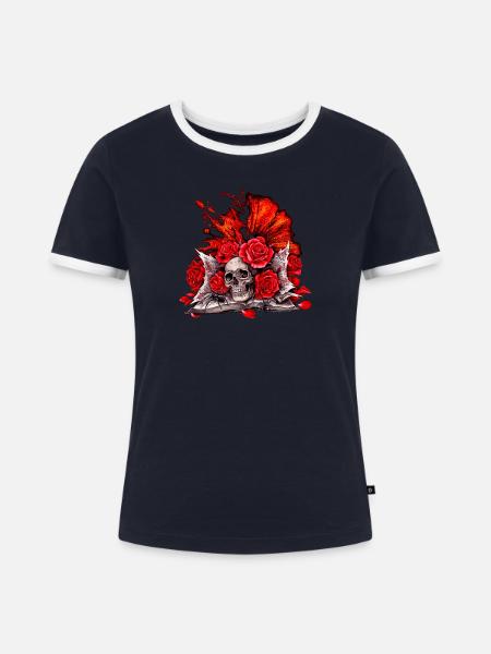 Rosenknochen Gothic Flammenrose - Frauen Kontrast-T-Shirt - Navy/Weiß 