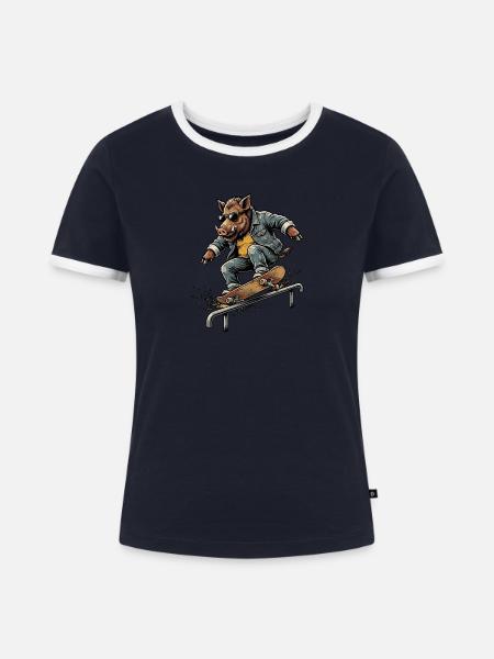 Skater Wildschwein - Frauen Kontrast-T-Shirt - Navy/Weiß