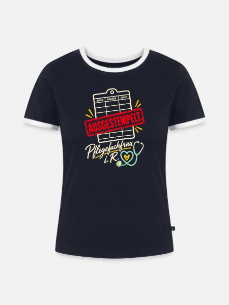 Ausgestempelt Pflegefachfrau Rente - Frauen Kontrast-T-Shirt - Navy/Weiß