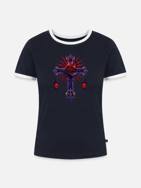 Dunkles Rosenkreuz-Laterne - Frauen Kontrast-T-Shirt - Navy/Weiß 