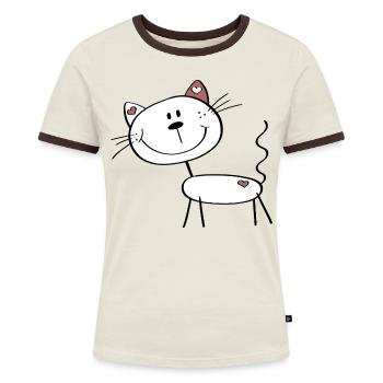 Kleine Katze mit Herzchen - Strichmännchen Comic - Frauen Kontrast-T-Shirt - Off-White/Dunkelbraun - Vorne - AI Model Female 172 dark (172cm)