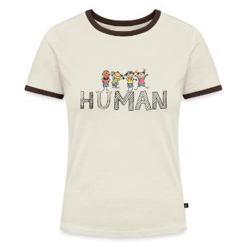 HUMAN - Anti Rassismus - Diversity - gegen Rechts - Frauen Kontrast-T-Shirt - Off-White/Dunkelbraun - Vorne - AI Model Female 172 dark (172cm)