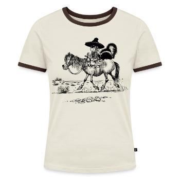 Thelwell Cowboy mit einem Stinktier - Frauen Kontrast-T-Shirt - Off-White/Dunkelbraun - Vorne - AI Model Female 172 dark (172cm)