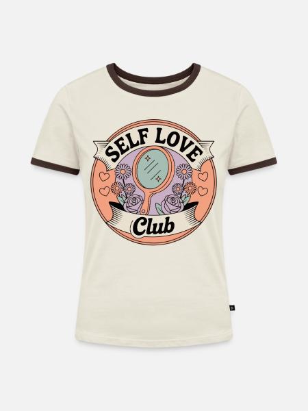 Selbstliebe Club Spiegel Badge - Frauen Kontrast-T-Shirt - Off-White/Dunkelbraun