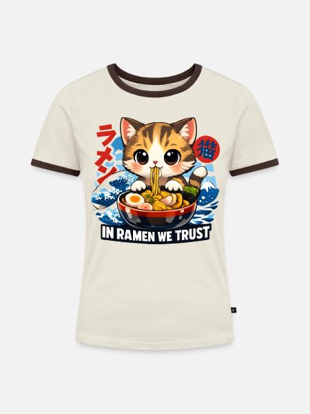Ramen Katze - Frauen Kontrast-T-Shirt - Off-White/Dunkelbraun