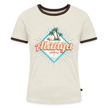Alanya in Antalya Türkei Retro Urlaub Souvenir - Frauen Kontrast-T-Shirt - Off-White/Dunkelbraun - Vorne - AI Model Female 172 dark (172cm)