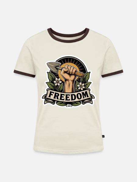 Freiheitsfaust-Emblem mit Schaufel - Frauen Kontrast-T-Shirt - Off-White/Dunkelbraun