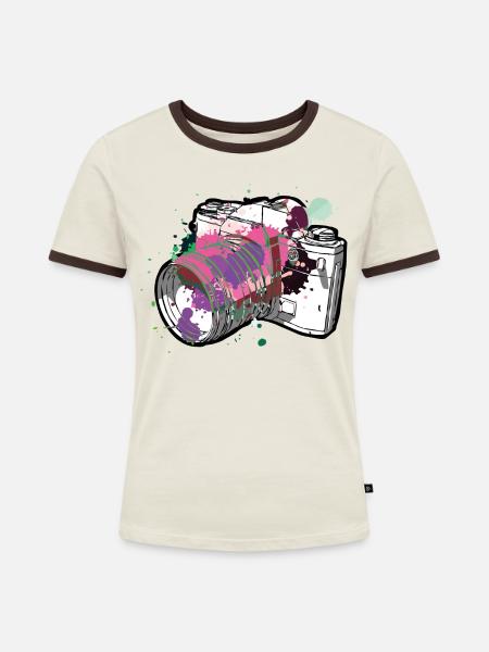 Farb-Splash-Kamera - Frauen Kontrast-T-Shirt - Off-White/Dunkelbraun