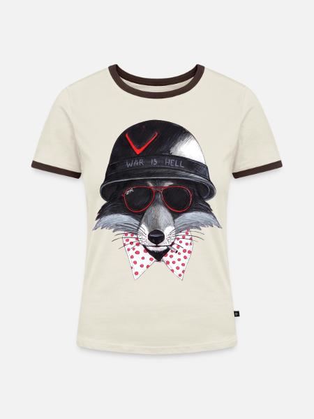 Rebellenfuchs: Helm, rote Brille - Frauen Kontrast-T-Shirt - Off-White/Dunkelbraun