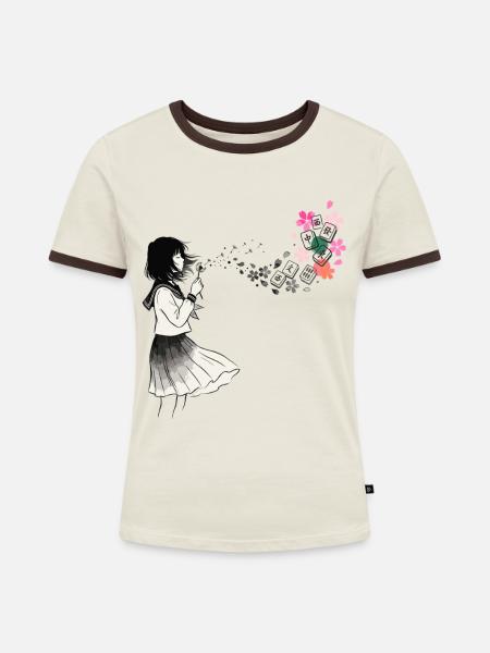 Mahjong Mädchen Japanisches Design - Frauen Kontrast-T-Shirt - Off-White/Dunkelbraun