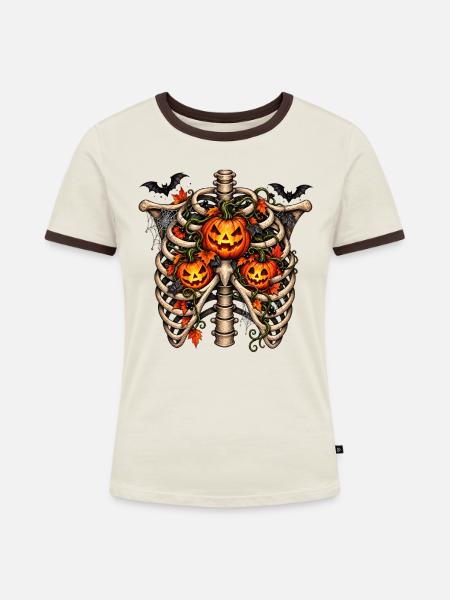 Halloween-Rippen mit Kürbis - Frauen Kontrast-T-Shirt - Off-White/Dunkelbraun