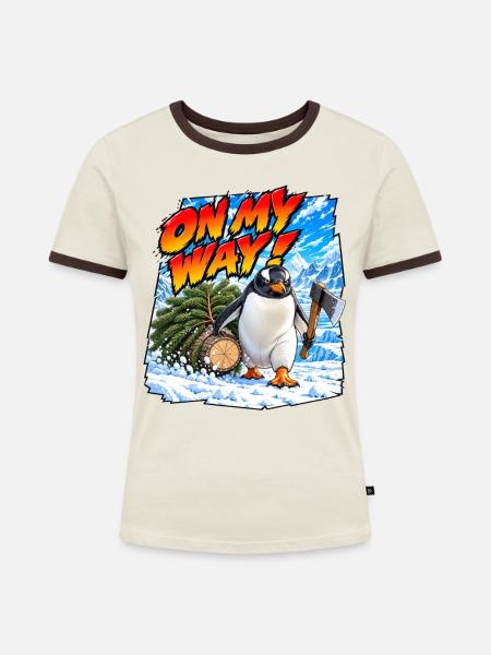 Bin unterwegs! Gentoo-Pinguin - Frauen Kontrast-T-Shirt - Off-White/Dunkelbraun