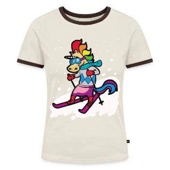 Skifahrendes Einhorn Ski Fahrer Skiurlaub - Frauen Kontrast-T-Shirt - Off-White/Dunkelbraun - Vorne - AI Model Female 172 dark (172cm)