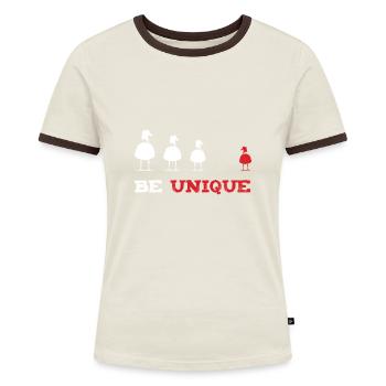 Be Unique - Sei einzigartig - Banksy Stil - Frauen Kontrast-T-Shirt - Off-White/Dunkelbraun - Vorne - AI Model Female 172 dark (172cm)