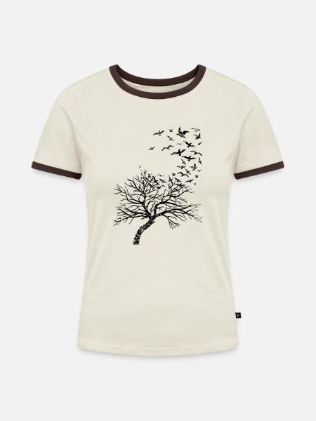 Baum und Vögel - Frauen Kontrast-T-Shirt - Off-White/Dunkelbraun