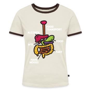 Verdauung Organe Lustiger Cartoon Comic Humor - Frauen Kontrast-T-Shirt - Off-White/Dunkelbraun - Vorne - AI Model Female 172 dark (172cm)