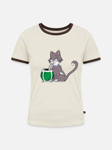 Cat Mate - Frauen Kontrast-T-Shirt - Off-White/Dunkelbraun