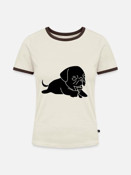 mops - Frauen Kontrast-T-Shirt - Off-White/Dunkelbraun
