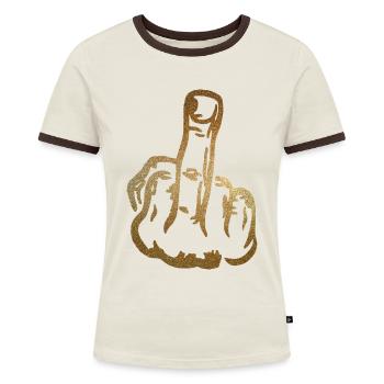Mittelfinger Stinkefinger Fick Dich Fuck You - Frauen Kontrast-T-Shirt - Off-White/Dunkelbraun - Vorne - AI Model Female 172 dark (172cm)