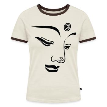 Buddha Buddha Om - Frauen Kontrast-T-Shirt - Off-White/Dunkelbraun - Vorne - AI Model Female 172 dark (172cm)