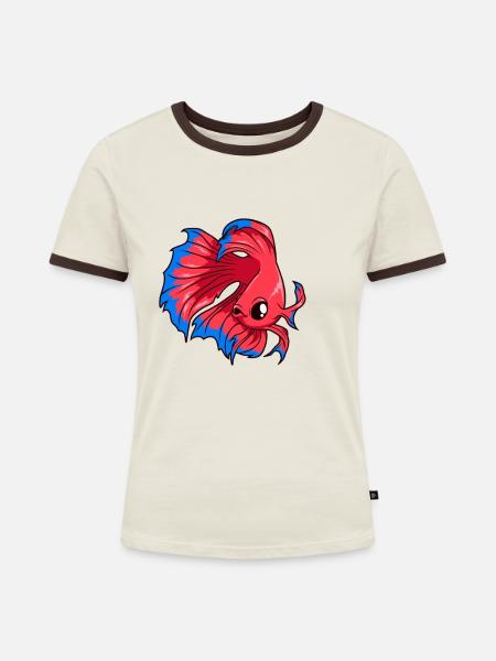 Kawaii siamesischer Kampffisch - Frauen Kontrast-T-Shirt - Off-White/Dunkelbraun
