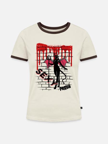 Fresh Devil - Frauen Kontrast-T-Shirt - Off-White/Dunkelbraun