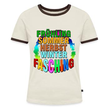 fasching frühling sommer herbst winter Karneval - Frauen Kontrast-T-Shirt - Off-White/Dunkelbraun - Vorne - AI Model Female 172 dark (172cm)