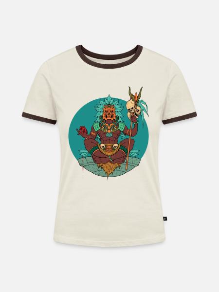 Aztekischer Schamane - Frauen Kontrast-T-Shirt - Off-White/Dunkelbraun