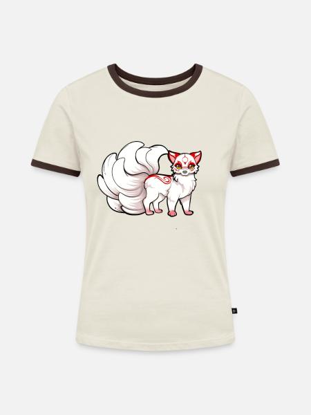 Kawaii Kitsune - Frauen Kontrast-T-Shirt - Off-White/Dunkelbraun