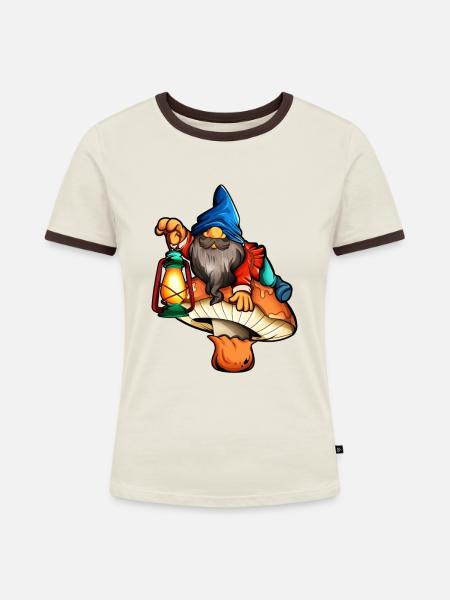 Gartenzwerg auf Pilz - Frauen Kontrast-T-Shirt - Off-White/Dunkelbraun