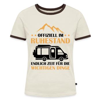 Offiziell im Ruhestand, zeit für Camping - Frauen Kontrast-T-Shirt - Off-White/Dunkelbraun - Vorne - AI Model Female 172 dark (172cm)