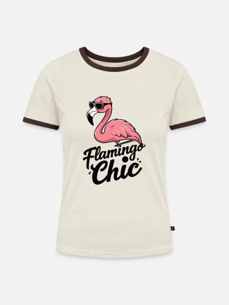 Flamingo Chic - Frauen Kontrast-T-Shirt - Off-White/Dunkelbraun