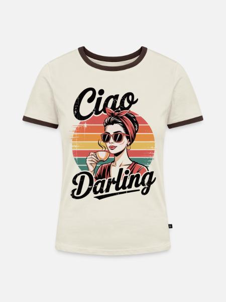 Ciao Darling – Retro Kaffeelady - Frauen Kontrast-T-Shirt - Off-White/Dunkelbraun