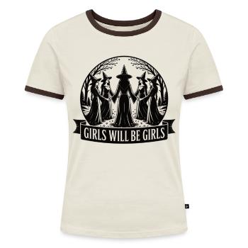 Girls Will Be Girls Hexen Shirt - Frauen Kontrast-T-Shirt - Off-White/Dunkelbraun - Vorne - AI Model Female 172 dark (172cm)