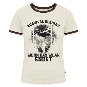 Bushcrafting Ausrüstung Outdoor Survival - Frauen Kontrast-T-Shirt - Off-White/Dunkelbraun - Vorne - AI Model Female 172 dark (172cm)