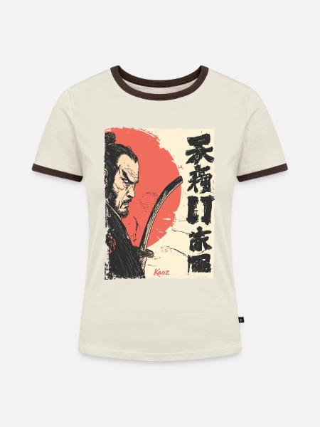 Japanische Rote Sonne Samurai - Frauen Kontrast-T-Shirt - Off-White/Dunkelbraun