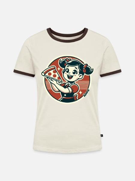 Kleines Mädchen mit Pizza - Frauen Kontrast-T-Shirt - Off-White/Dunkelbraun