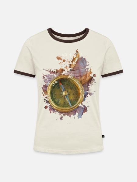 Kompass - Frauen Kontrast-T-Shirt - Off-White/Dunkelbraun