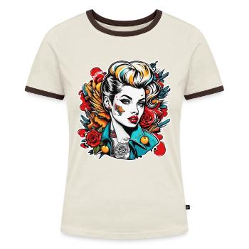 Rockabilly / Pin-up Girl / Frauenpower / 50er - Frauen Kontrast-T-Shirt - Off-White/Dunkelbraun - Vorne - AI Model Female 172 dark (172cm)