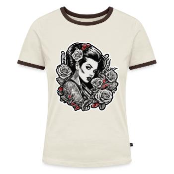 Rockabilly / Pin-up Girl / Frauenpower / 50er - Frauen Kontrast-T-Shirt - Off-White/Dunkelbraun - Vorne - AI Model Female 172 dark (172cm)