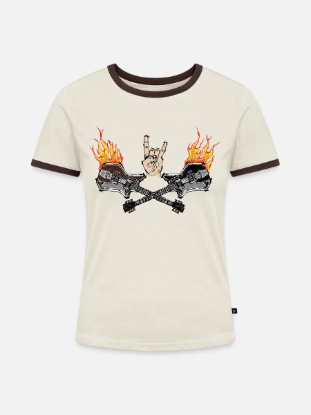 Rock'n'Roll in Flammen! - Frauen Kontrast-T-Shirt - Off-White/Dunkelbraun