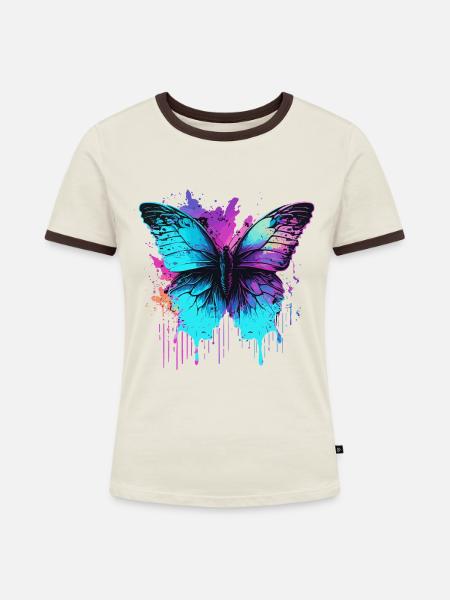 Leuchtend in blauem Schmetterling - Frauen Kontrast-T-Shirt - Off-White/Dunkelbraun