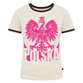 Polska - Frauen Kontrast-T-Shirt - Off-White/Dunkelbraun - Vorne - AI Model Female 172 dark (172cm)