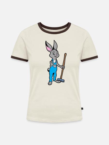 Gerne im Garten -Gärtner Hase - Frauen Kontrast-T-Shirt - Off-White/Dunkelbraun